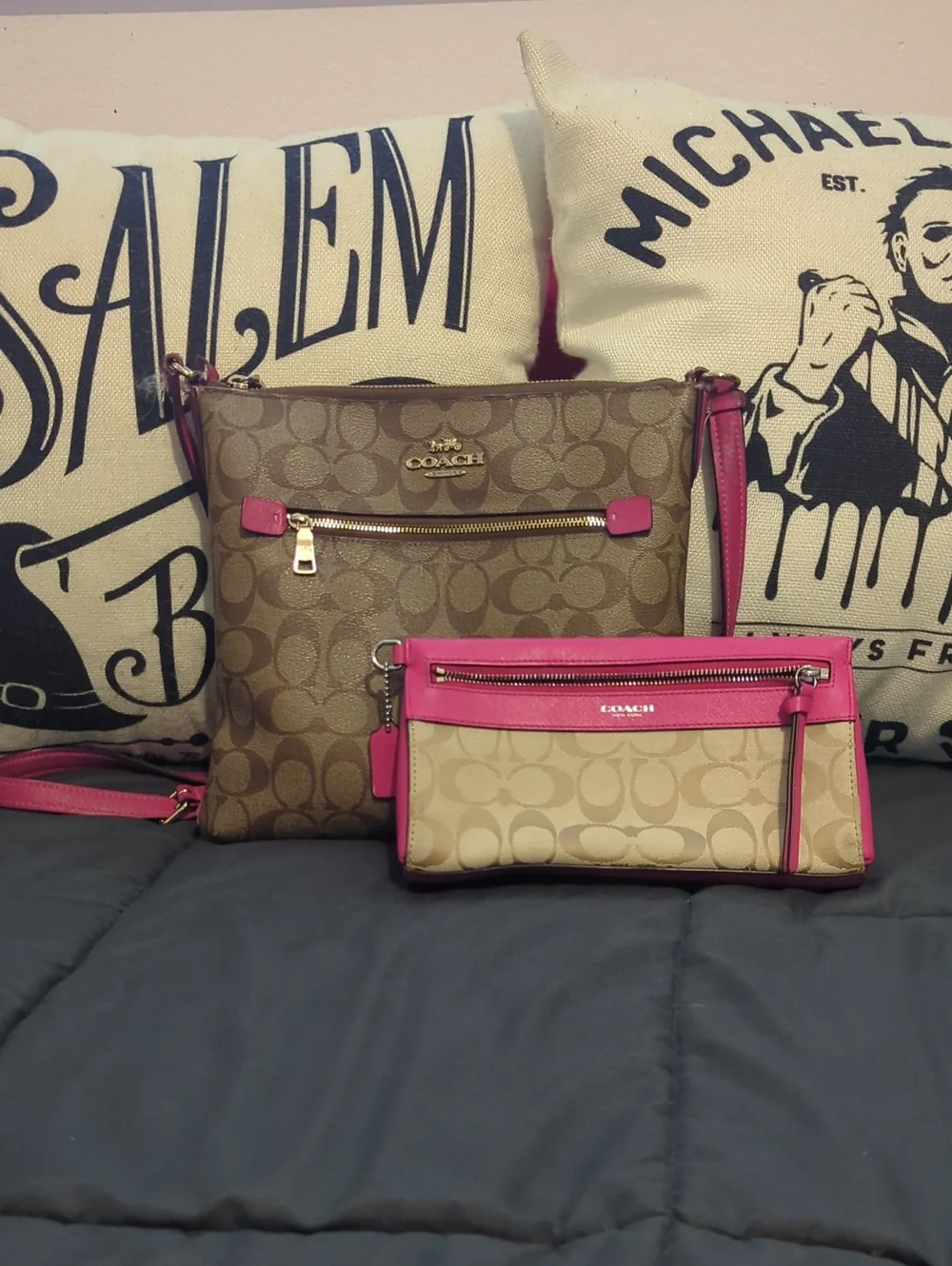 Coach Rowan File Brown Signature Canvas Crossbody Set with Pink Trim